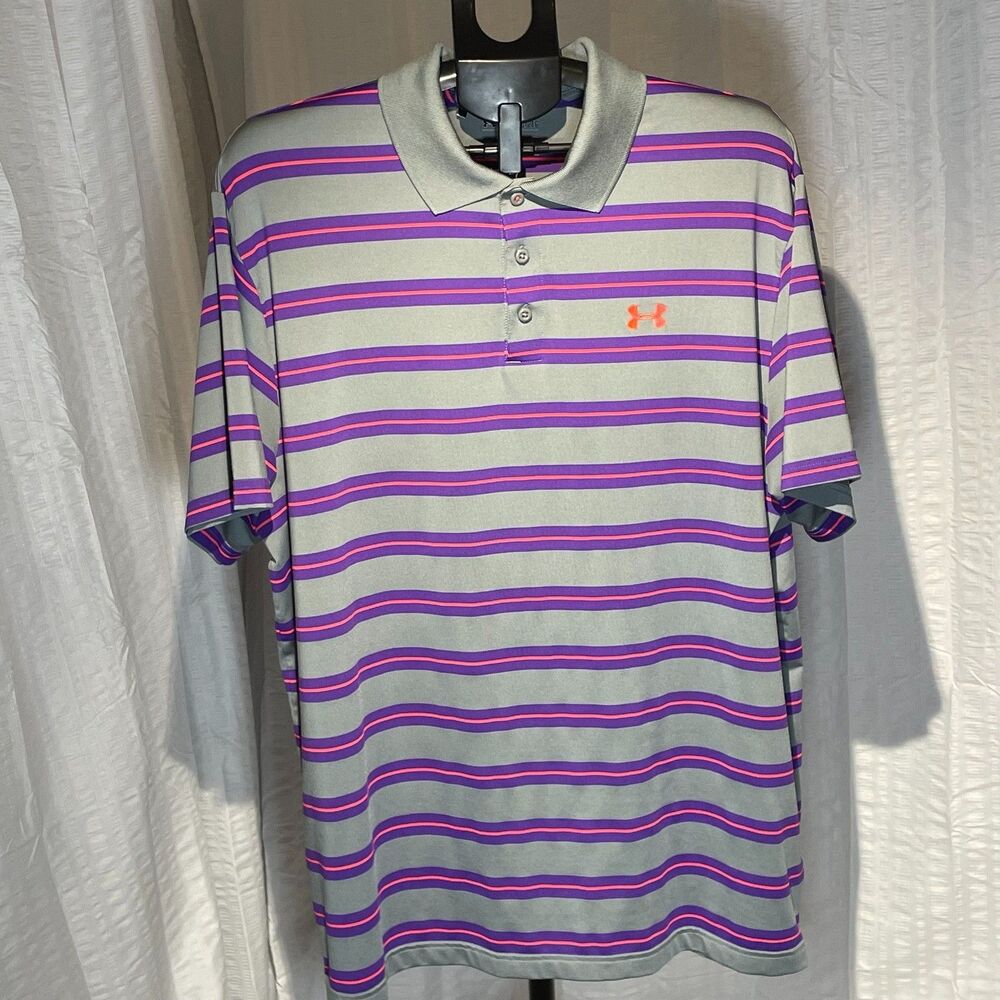 Under Armour HeatGear Polo Men 2XL Gray Purple Stripe Golf Loose SS 2015